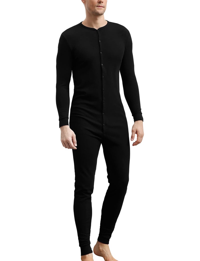 COLORFULLEAF Men's Cotton Thermal Underwear Union Suits Henley Onesies Base Layer (Black, XL) - Image 1